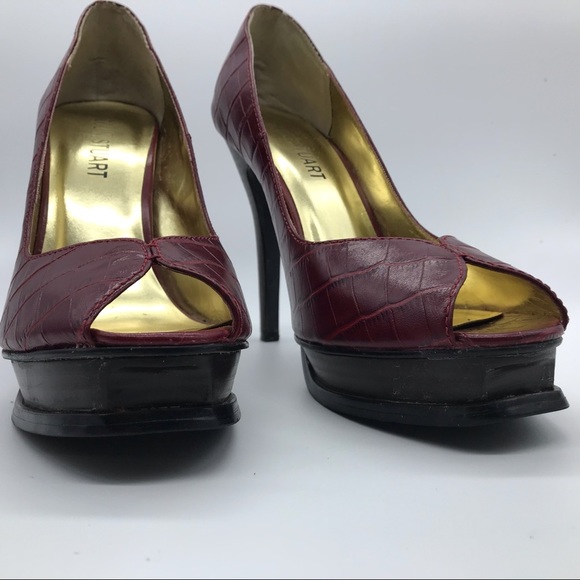 Colin Stuart Red Platform Heels Peep Toe Women 8.5 Leather Reptile Snake Print - Picture 2 of 8